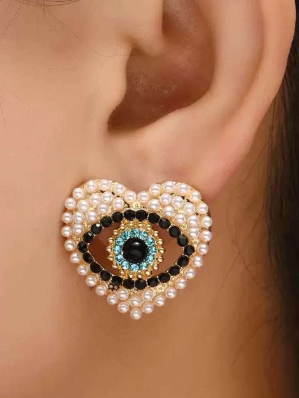 Pearl Encrusted Heart Eye Earrings